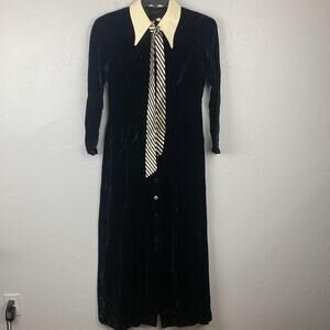 Vintage Velvet Shirt Dress Size 8  Black Maxi Witchy 70s Mod Goth Emo Grunge